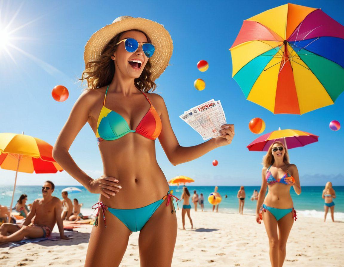 A vibrant and playful scene depicting a beach with colorful umbrellas, where a person confidently holds a bikini ticket while juggling beach balls, emphasizing a light-hearted approach to handling bikini penalties. Add elements like surprised beachgoers and a checklist for ticket dismissal in the background. Bright rays of sunshine and a clear blue sky add to the cheerful vibe. cartoon style. vibrant colors. beach setting.